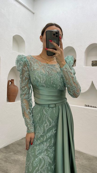 Mint Green Belted Embroidered Evening Dress