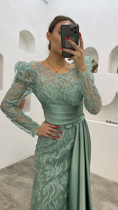 Mint Green Belted Embroidered Evening Dress