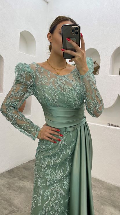 Mint Green Belted Embroidered Evening Dress