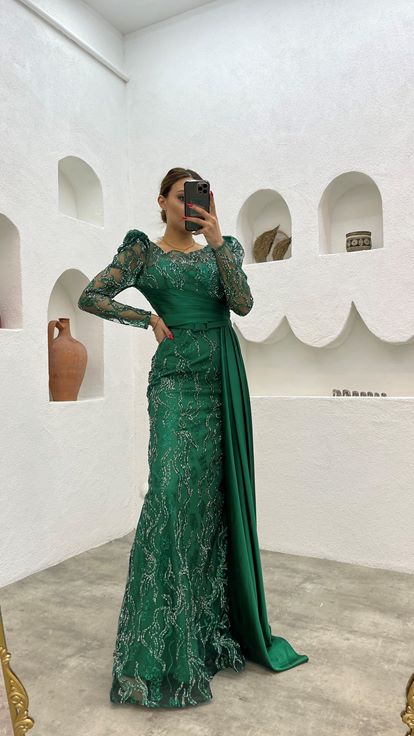 Emerald Sash Detailed Embroidery Evening Dress
