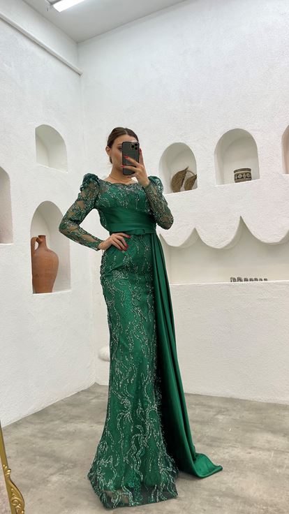 Emerald Sash Detailed Embroidery Evening Dress