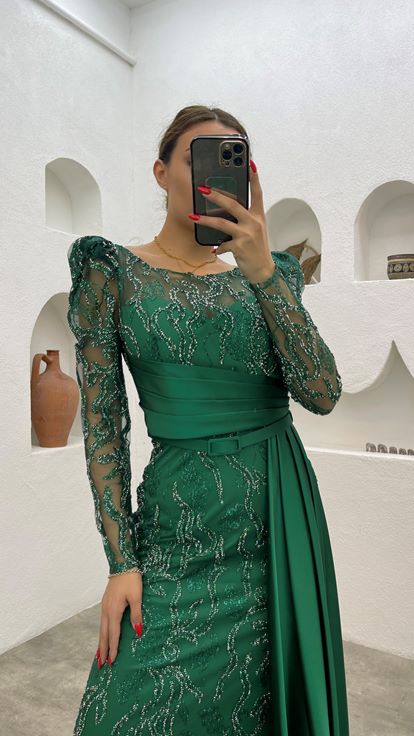 Emerald Sash Detailed Embroidery Evening Dress