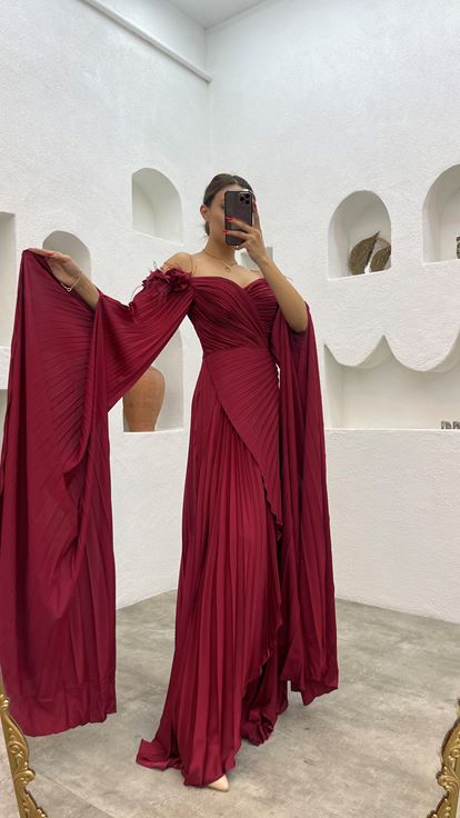 Claret Red Rope Strap Rose Detail Pleated Satin Evening Dress