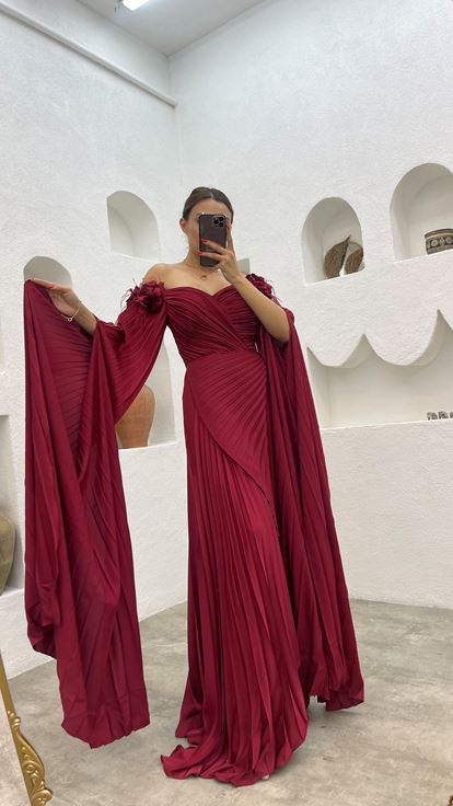 Claret Red Rope Strap Rose Detail Pleated Satin Evening Dress
