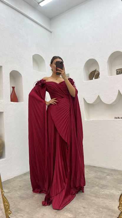 Claret Red Rope Strap Rose Detail Pleated Satin Evening Dress