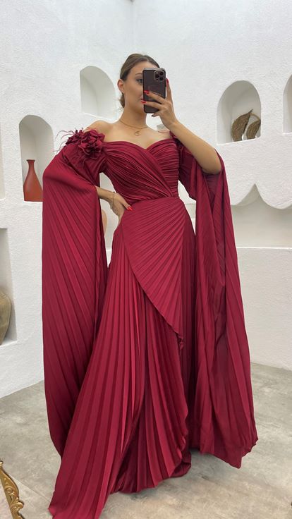 Claret Red Rope Strap Rose Detail Pleated Satin Evening Dress