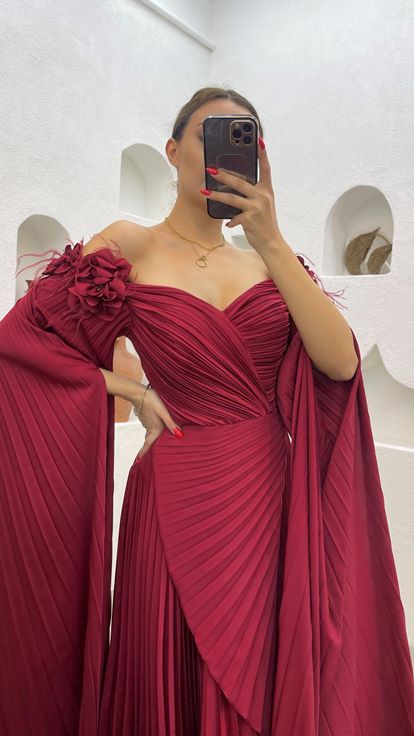 Claret Red Rope Strap Rose Detail Pleated Satin Evening Dress