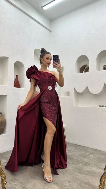 Burgundy Embroidered Detail Belted Evening Dress