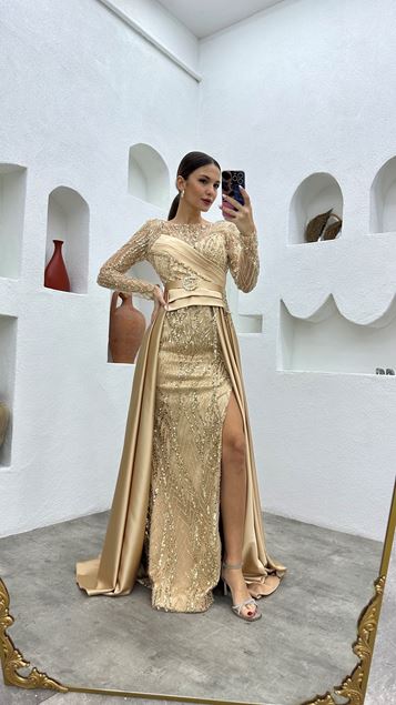 Cream Draped Belt Detail Sequined Evening Dress