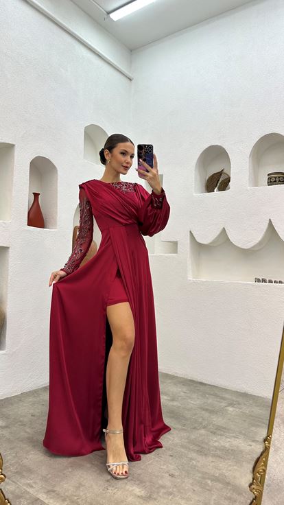 Claret Red Embroidered Detail Draped Long Satin Evening Dress