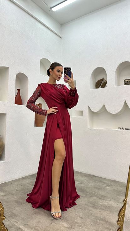 Claret Red Embroidered Detail Draped Long Satin Evening Dress