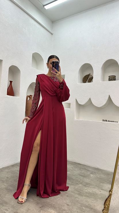 Claret Red Embroidered Detail Draped Long Satin Evening Dress