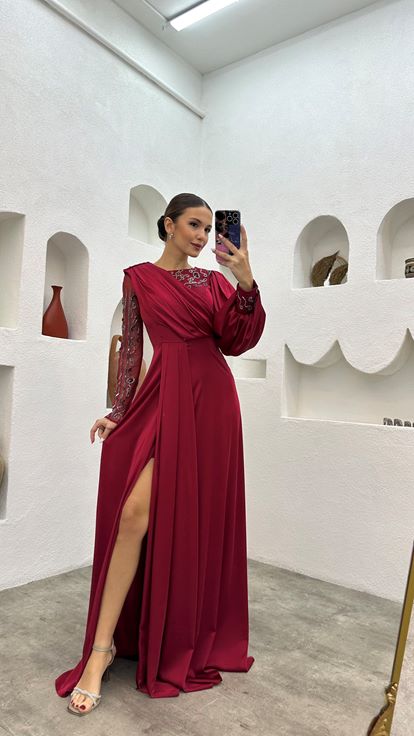 Claret Red Embroidered Detail Draped Long Satin Evening Dress