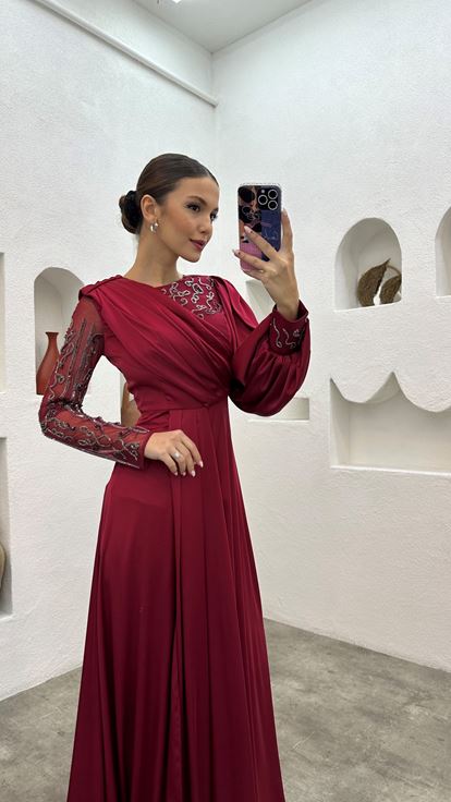 Claret Red Embroidered Detail Draped Long Satin Evening Dress
