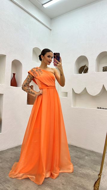 Orange One Shoulder Embroidery Detailed Design Evening Dress