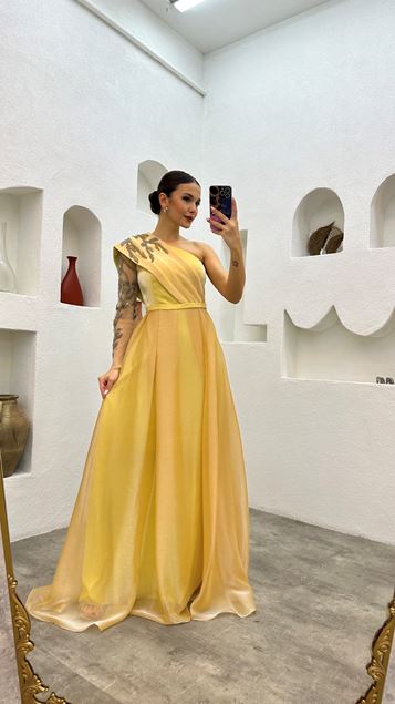 Yellow One Shoulder Embroidery Detailed Design Evening Dress