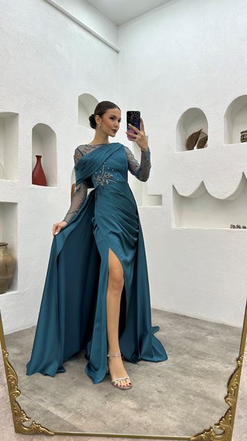 Turquoise Drape Detailed Embroidery Satin Evening Dress
