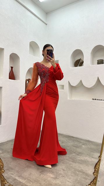 Orange Embroidered Detail V-Neck Satin Evening Dress