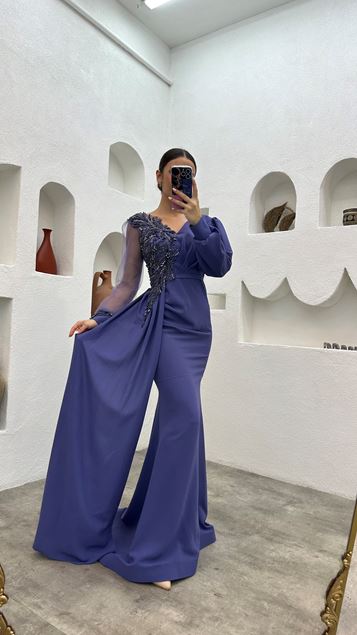 Indigo Embroidery Detail V-Neck Satin Evening Dress