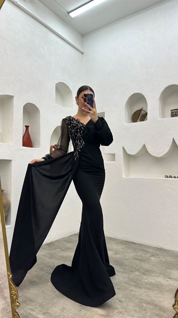 Black Embroidered Detail V-Neck Satin Evening Dress