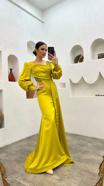 Yellow Embroidered Detail Draped Satin Evening Dress