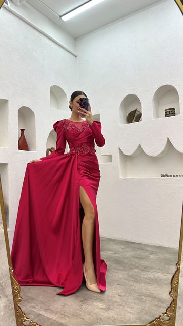 Fuchsia Embroidered Detail Draped Pleated Satin Evening Dress