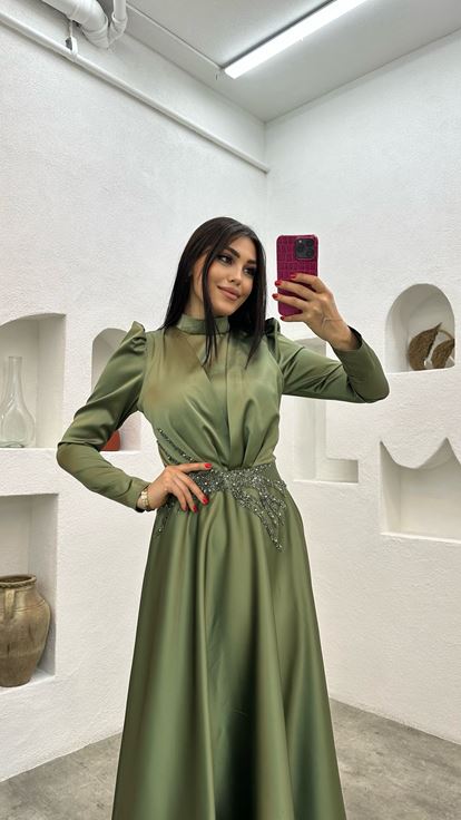 Haki Beli İşlemeli Saten Tesettür Abiye