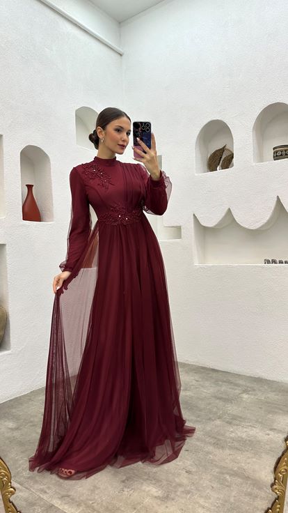 Claret Red Embroidery Detailed Tulle Evening Dress