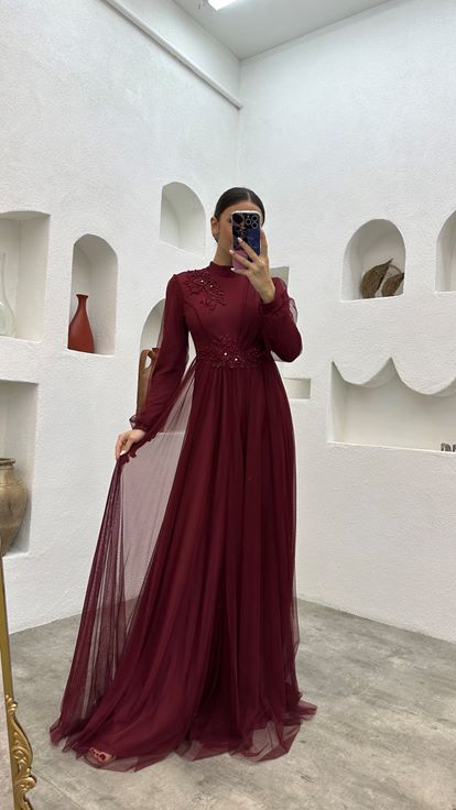 Claret Red Embroidery Detailed Tulle Evening Dress