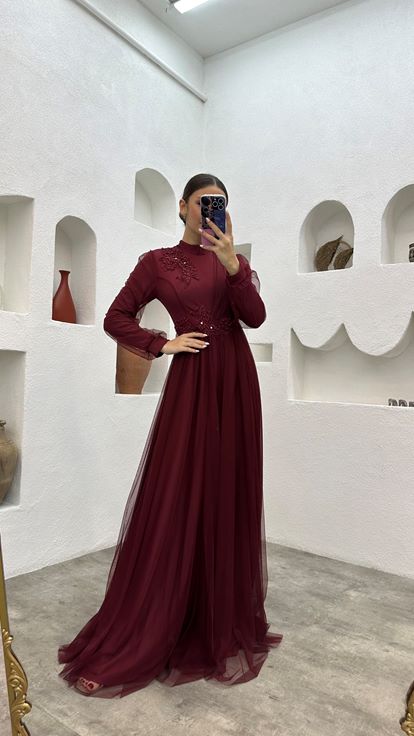 Claret Red Embroidery Detailed Tulle Evening Dress