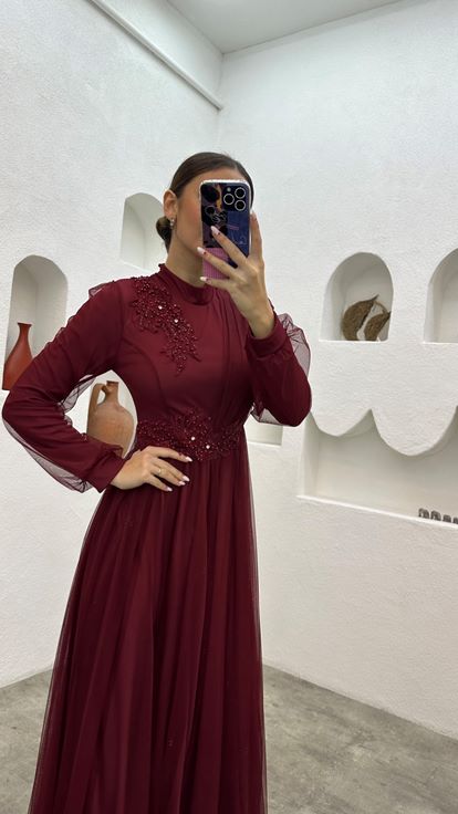 Claret Red Embroidery Detailed Tulle Evening Dress