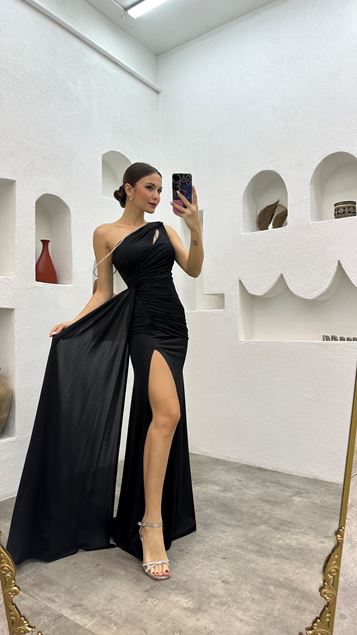 nero una spalla drappeggiato coulisse raso abito da sera