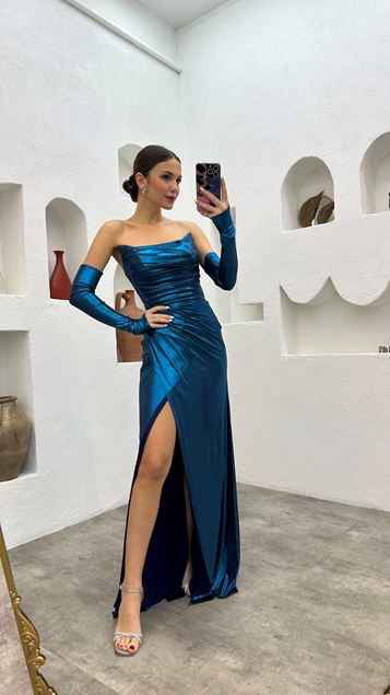 Turchese Coulisse senza spalline raso abito da sera