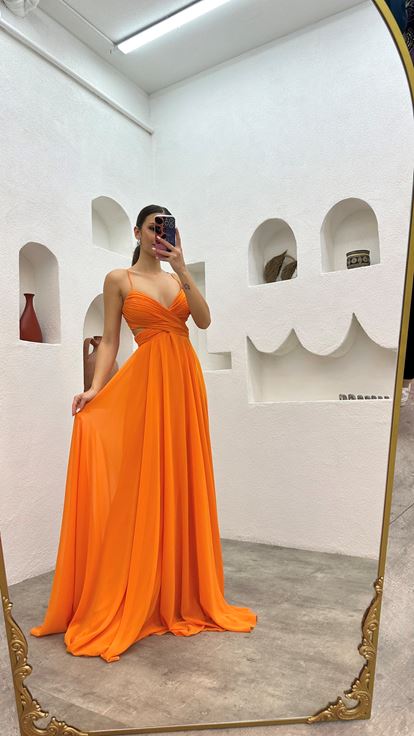 Orange Rope Strap Draped Detail Chiffon Evening Dress