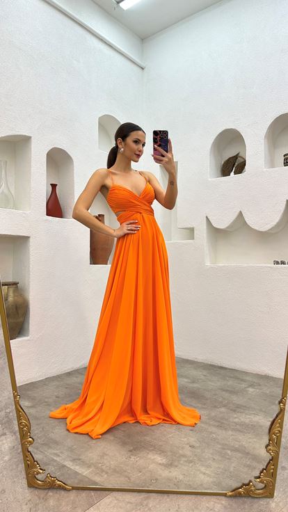 Orange Rope Strap Draped Detail Chiffon Evening Dress