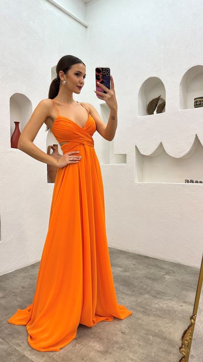 Orange Rope Strap Draped Detail Chiffon Evening Dress