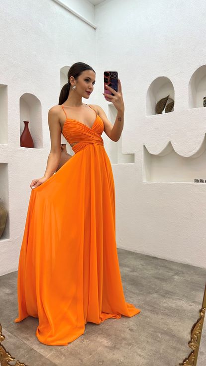 Orange Rope Strap Draped Detail Chiffon Evening Dress