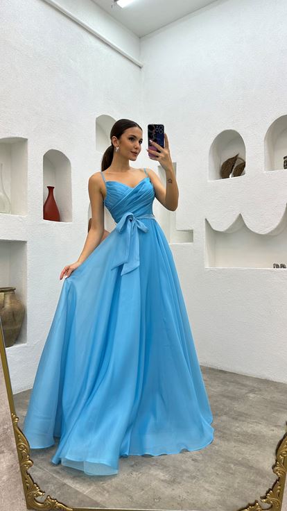 Bebe Mavi İp Askılı Kuşaklı Abiye Elbise