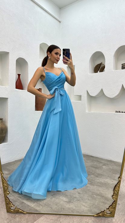 Bebe Mavi İp Askılı Kuşaklı Abiye Elbise