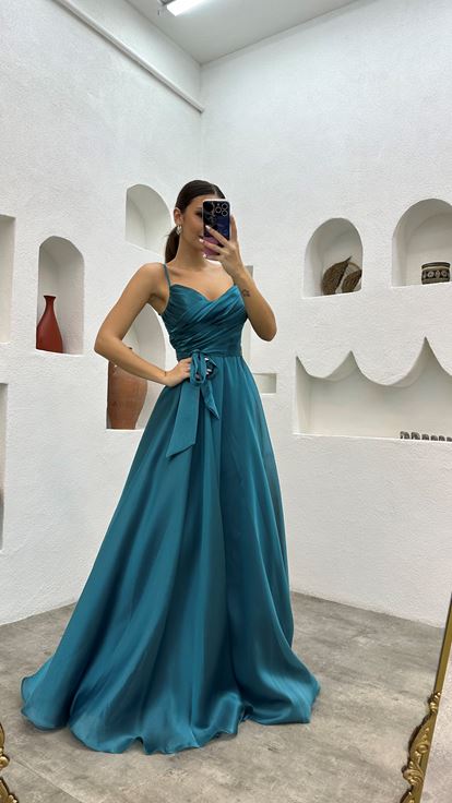 Turquoise Strappy Belted Evening Dress