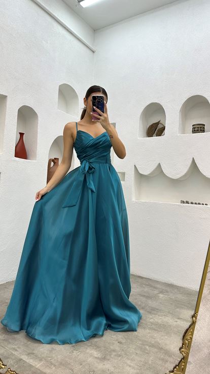 Turquoise Strappy Belted Evening Dress