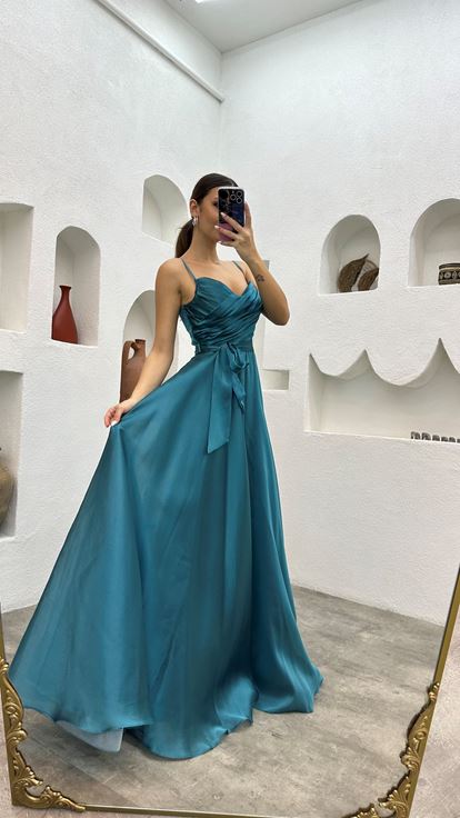 Turquoise Strappy Belted Evening Dress