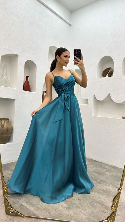 Turquoise Strappy Belted Evening Dress