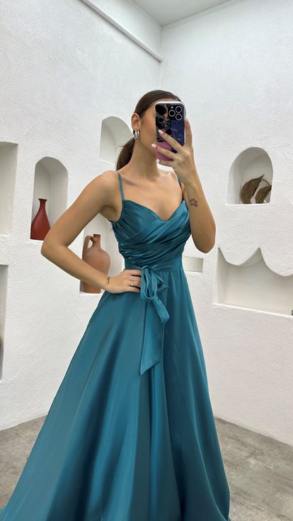 Turquoise Strappy Belted Evening Dress