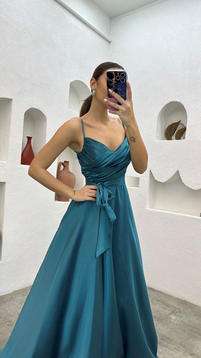 Turquoise Strappy Belted Evening Dress