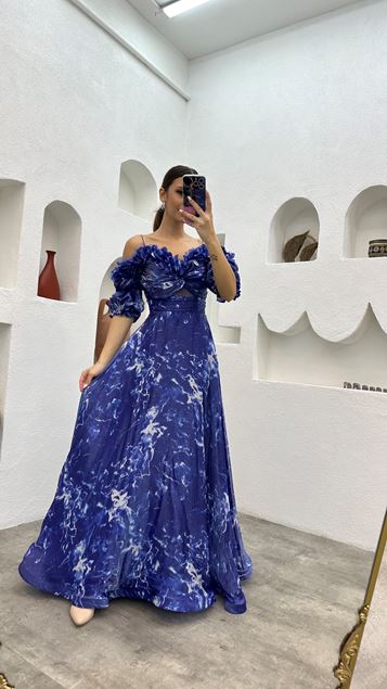 Saks Rope Strap Flywheel Detail Patterned Evening Dress