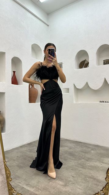 Black Rope Suspender Feathered Waist Detail Satin Evening Dress