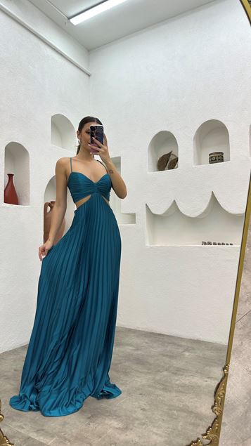 Turquoise Rope Strap Pleated Waist Detail Satin Evening Dress