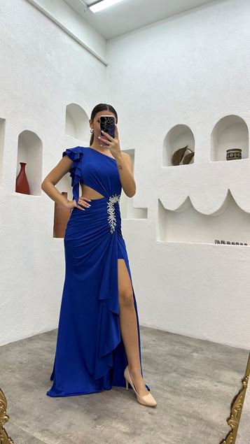 Saks One Shoulder Embroidered Detail Pleated Satin Evening Dress