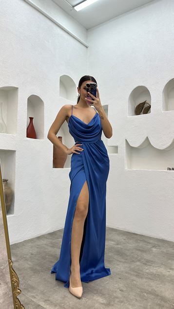 Indigo Rope Strap drappeggiato in vita dettaglio raso abito da sera